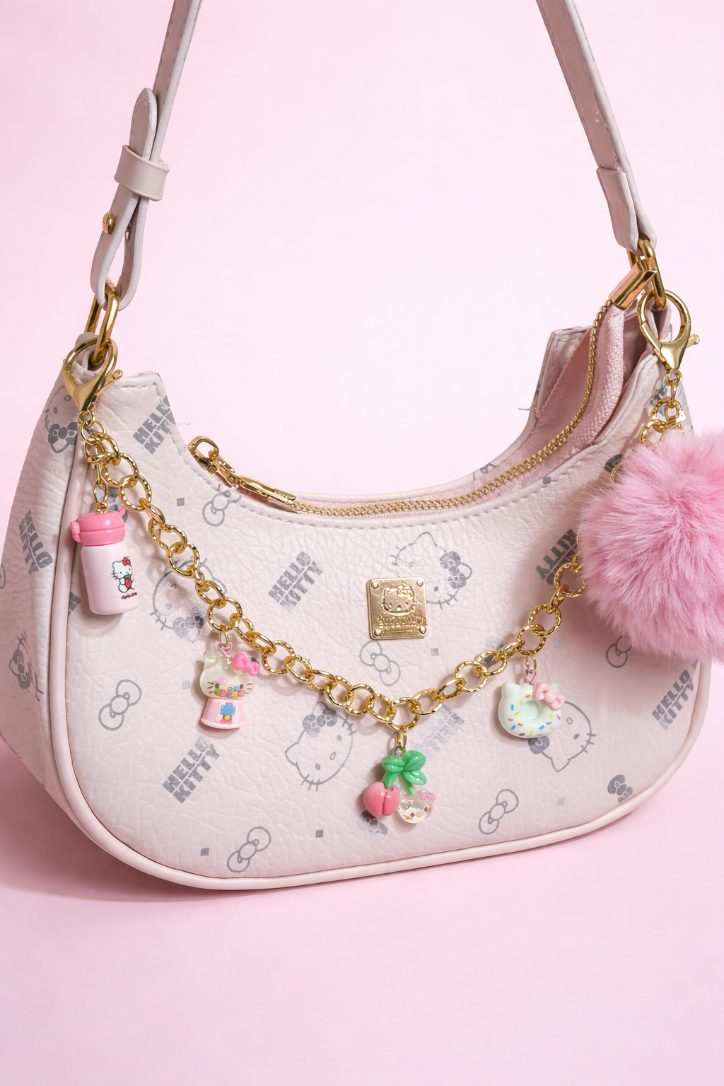 Borsa Kitty rosa con charm β mini shoulder bag aesthetic kawaii con catena oro e pompon