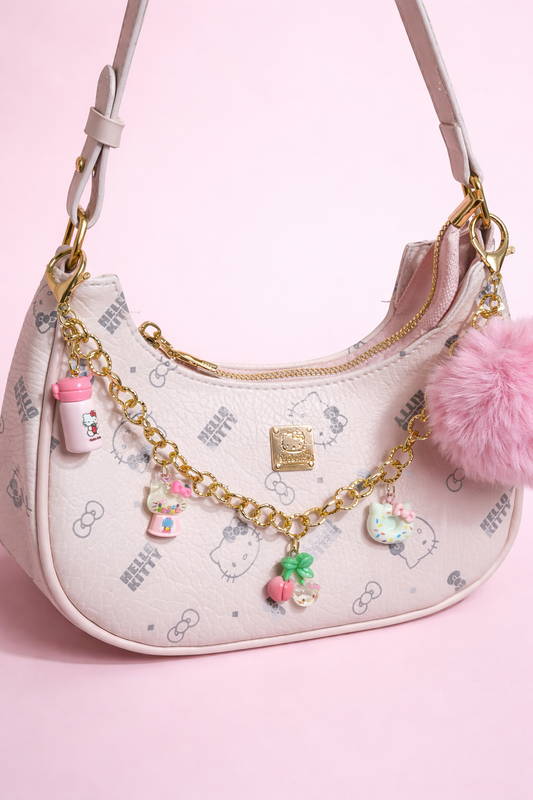 Borsa Kitty rosa con charm – mini shoulder bag aesthetic kawaii con catena oro e pompon