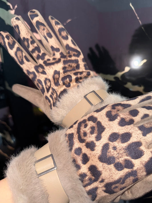 Guanti leopardati beige