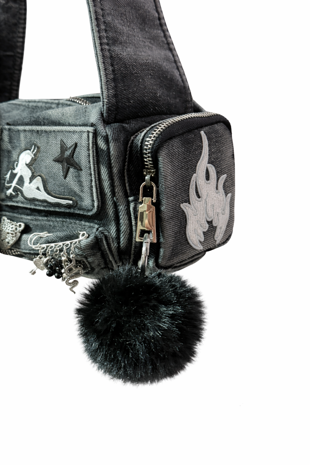 Borsa Cargo Denim Y2K Multi Tasche - Shoulder Bag Aesthetic con Charm 18x13x7cm