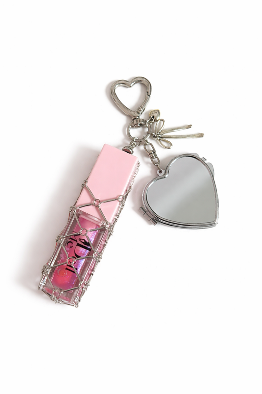 Charm portachiavi alla moda con custodia per rossetto e mini specchio, supporto a rete