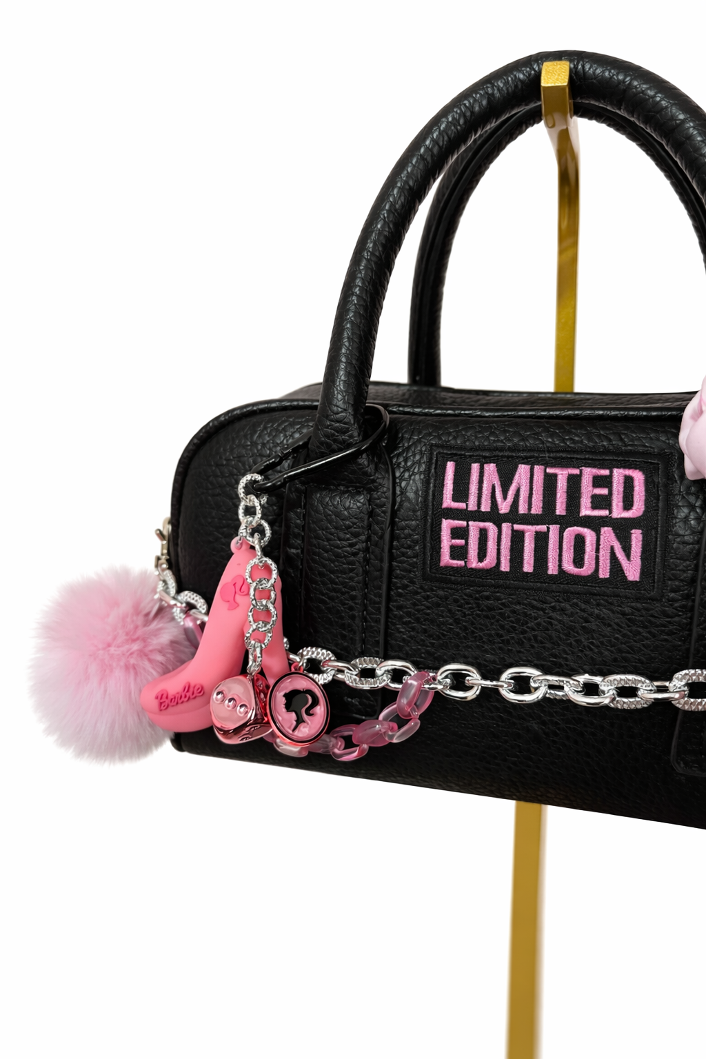 Borsa Bauletto Nero Limited Edition con Charm e Foulard Rosa - Tracolla Inclusa