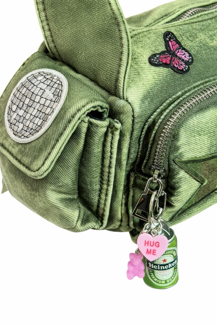 Borsa Cargo Denim Y2K Multi Tasche - Shoulder Bag Aesthetic con Charm 18x13x7cm