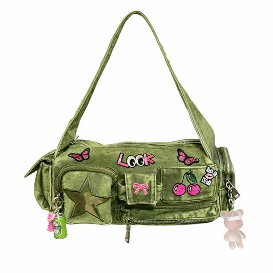 Borsa Cargo Denim Y2K Multi Tasche - Cherry Butterfly 18x13x7 cm