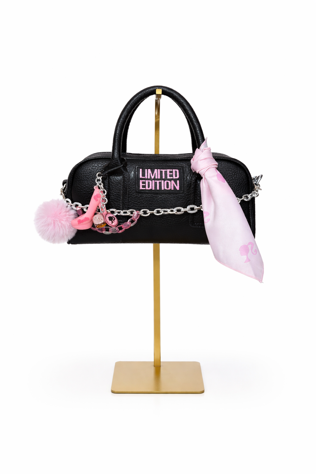 Borsa Bauletto Nero Limited Edition con Charm e Foulard Rosa - Tracolla Inclusa