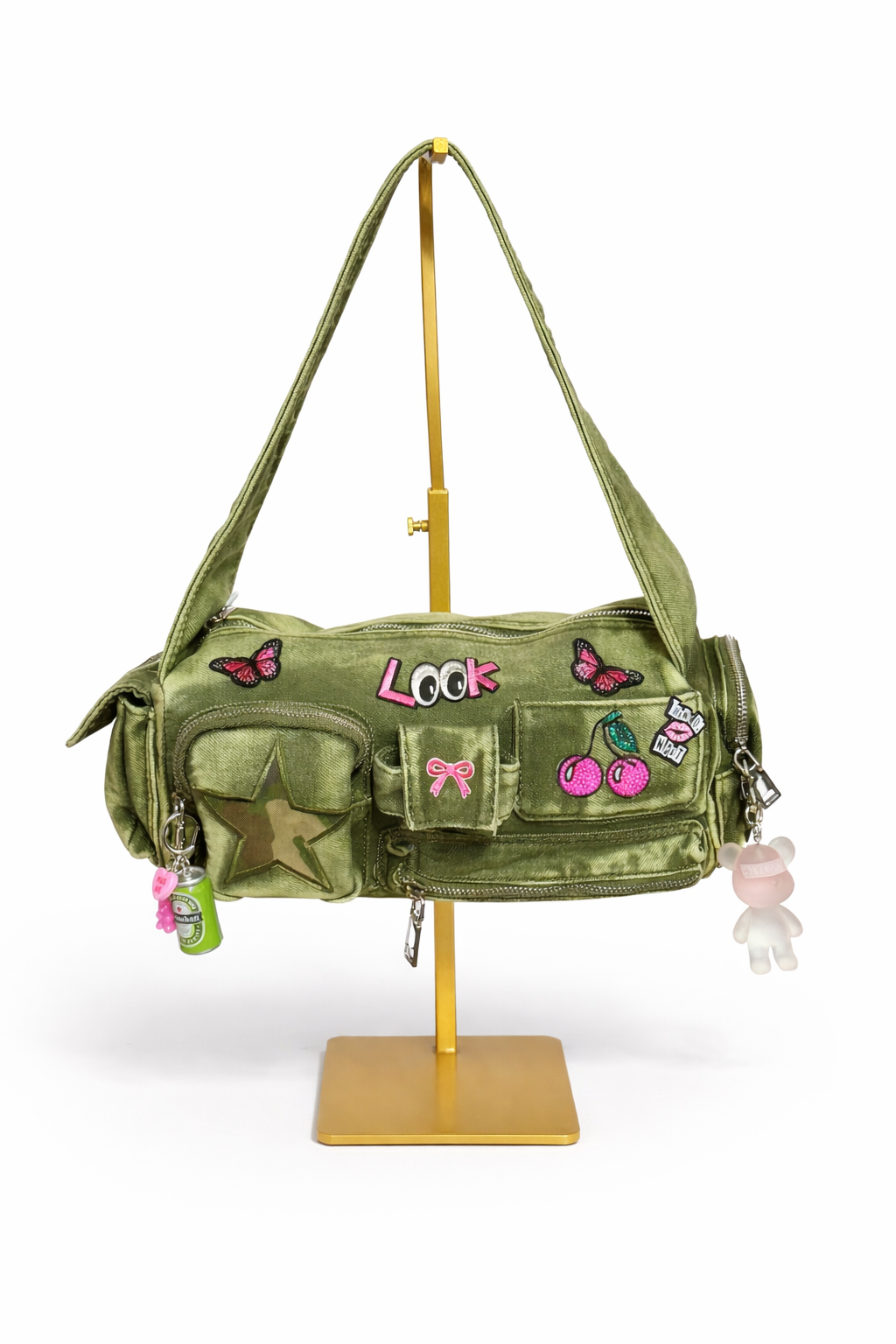 Borsa Cargo Denim Y2K Multi Tasche - Shoulder Bag Aesthetic con Charm 18x13x7cm