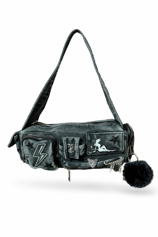 Borsa Cargo Denim Y2K Multi tasche - Noir Muse 18x13x7 cm
