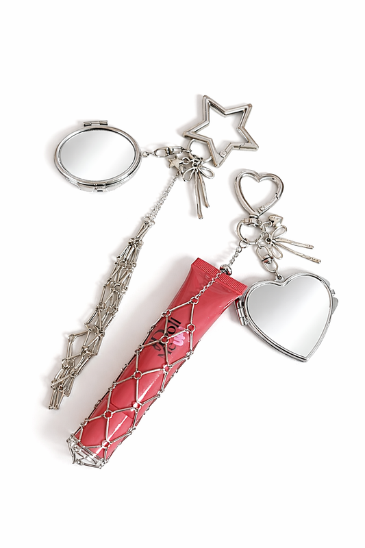 Charm portachiavi alla moda con custodia per rossetto e mini specchio, supporto a rete