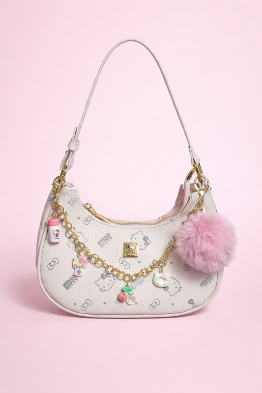 Borsa Kitty rosa con charm – mini shoulder bag aesthetic kawaii con catena oro e pompon